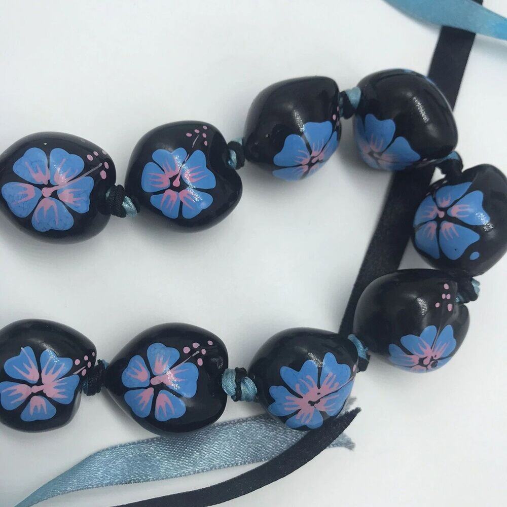 Hawaiian Kukiu Nut Lei Black Teal Blue & Pink Hibiscus Ribbon Tie Necklace